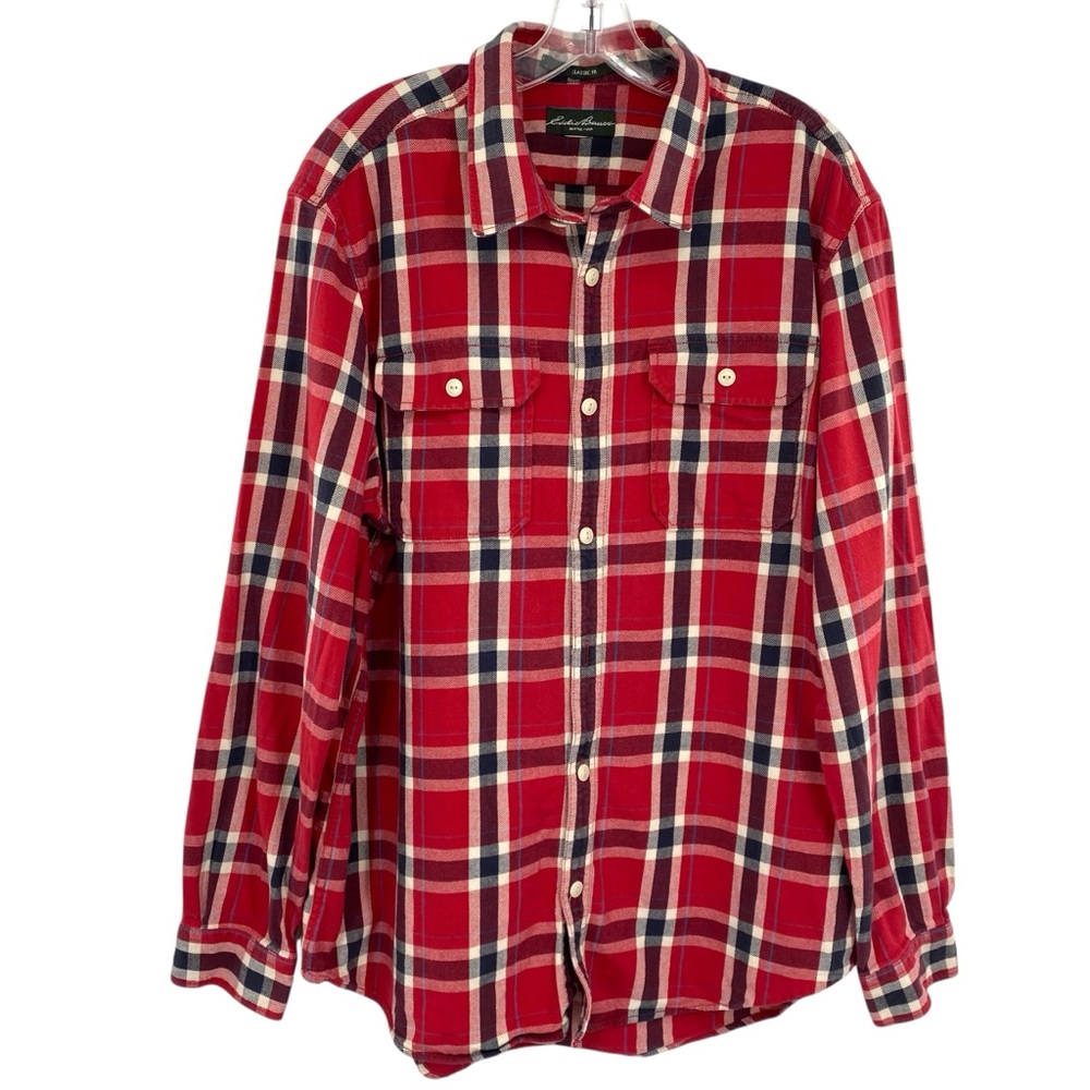 Eddie Bauer Red Cotton Plaid Flannel Shirt Classic Fit Men's Large Long Sleeve